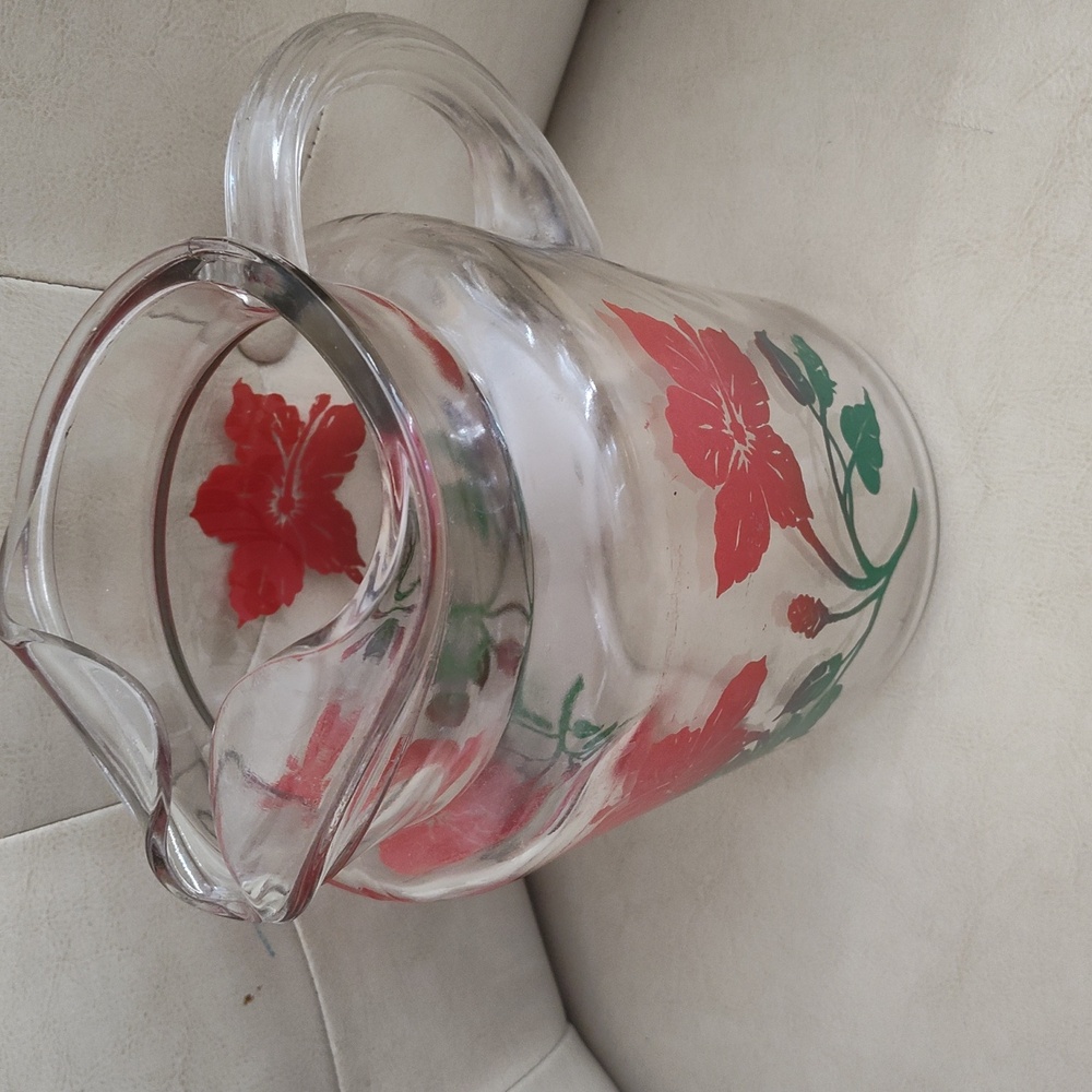 Vintage Bartlett Glass Red Flowers/Green Leaves Ribbed Handel / Ice Lip 8.5 Tall